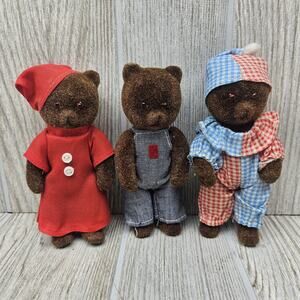 Vintage Shackman Flocked Bear Family Set‎ Hong Kong Plush Dolls Red Blue Pajamas